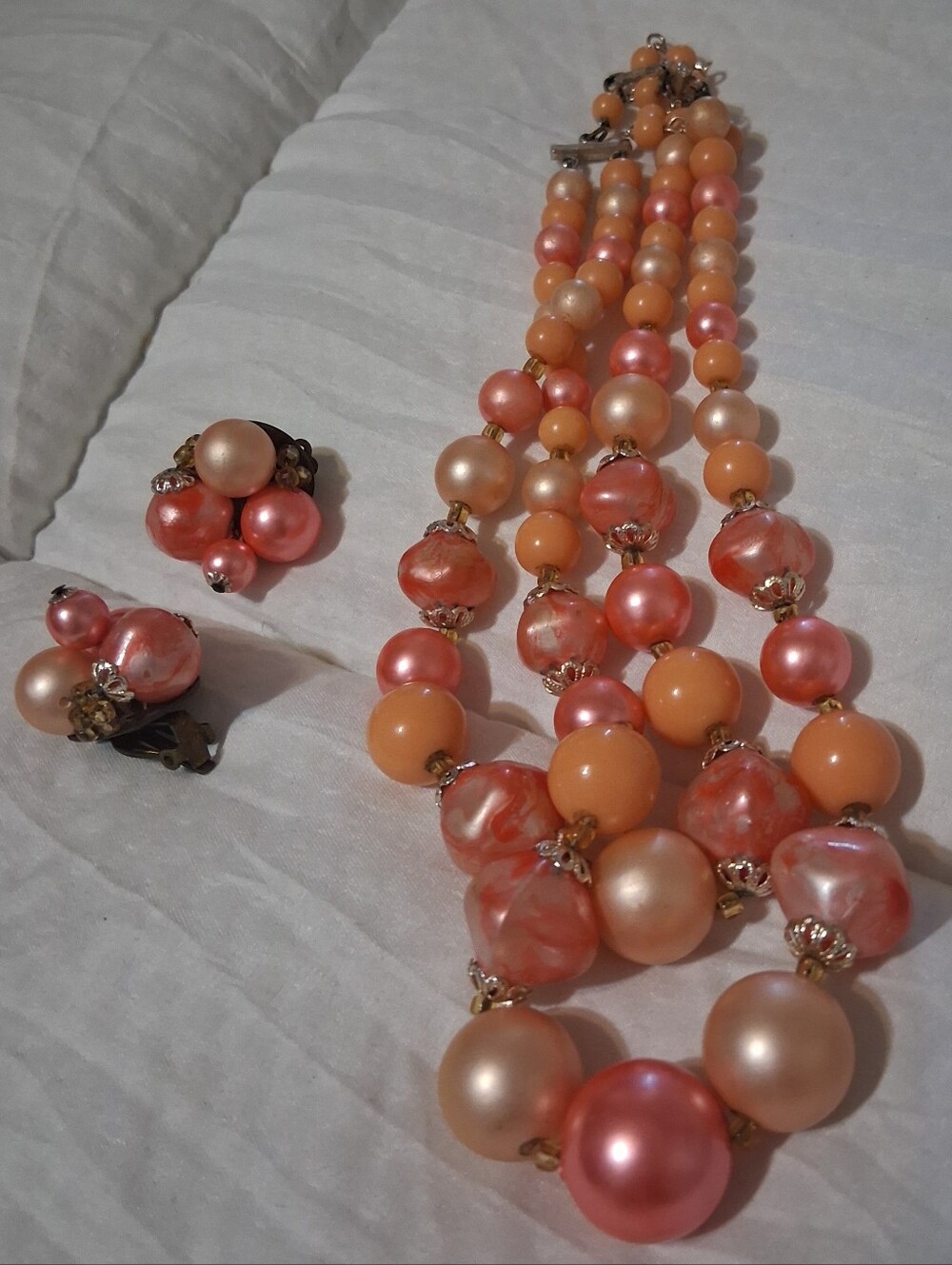 Peach and Coral Multi-Strand Pearl Bead Necklace with Matching Clip-On Earrings